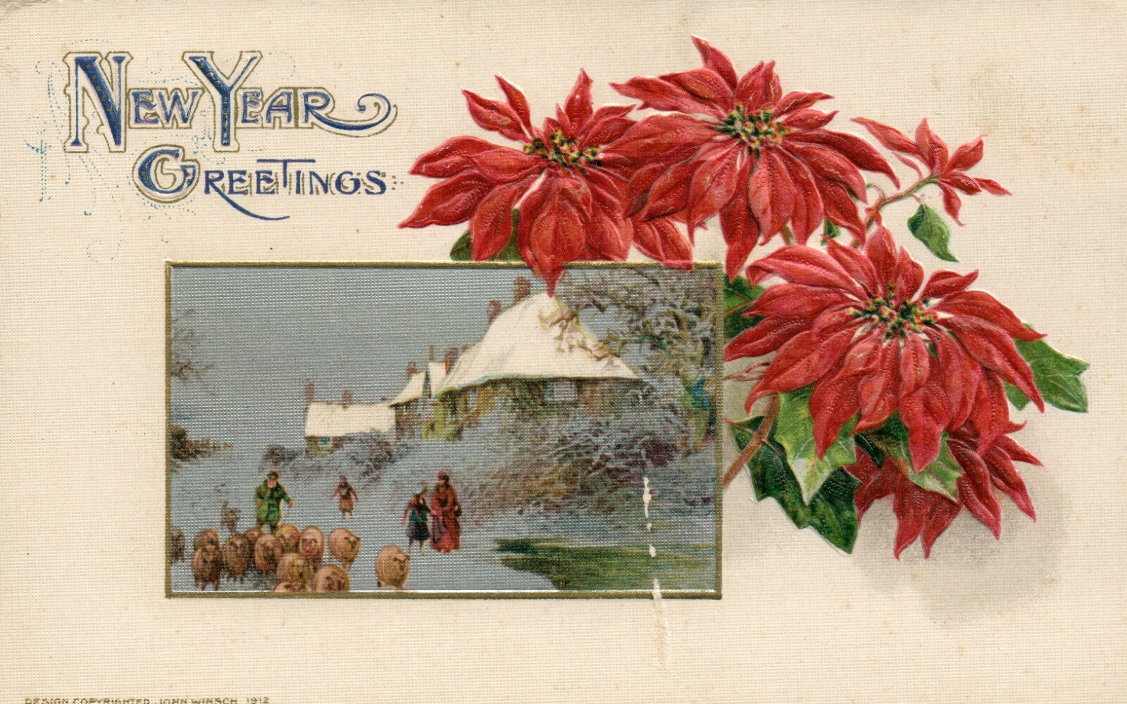 Winsch Winter Scene inset Herding Sheep Poinsettias New Year Greetings Postcard