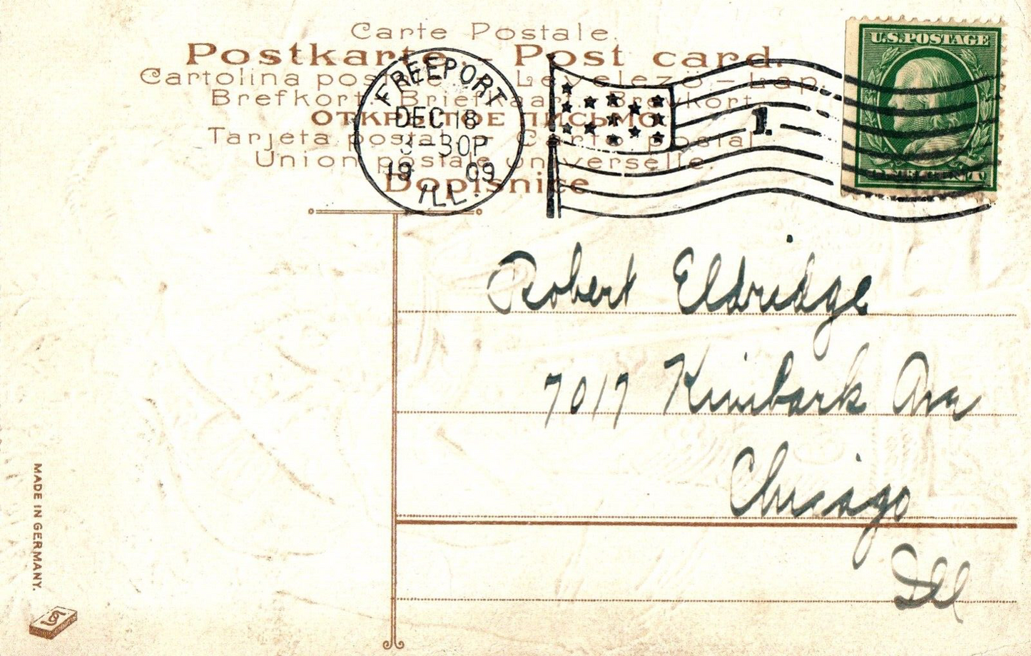 A Merry Christmas Purple Santa w/ Toys on Back & Tree Gold Gilt Santa Postcard