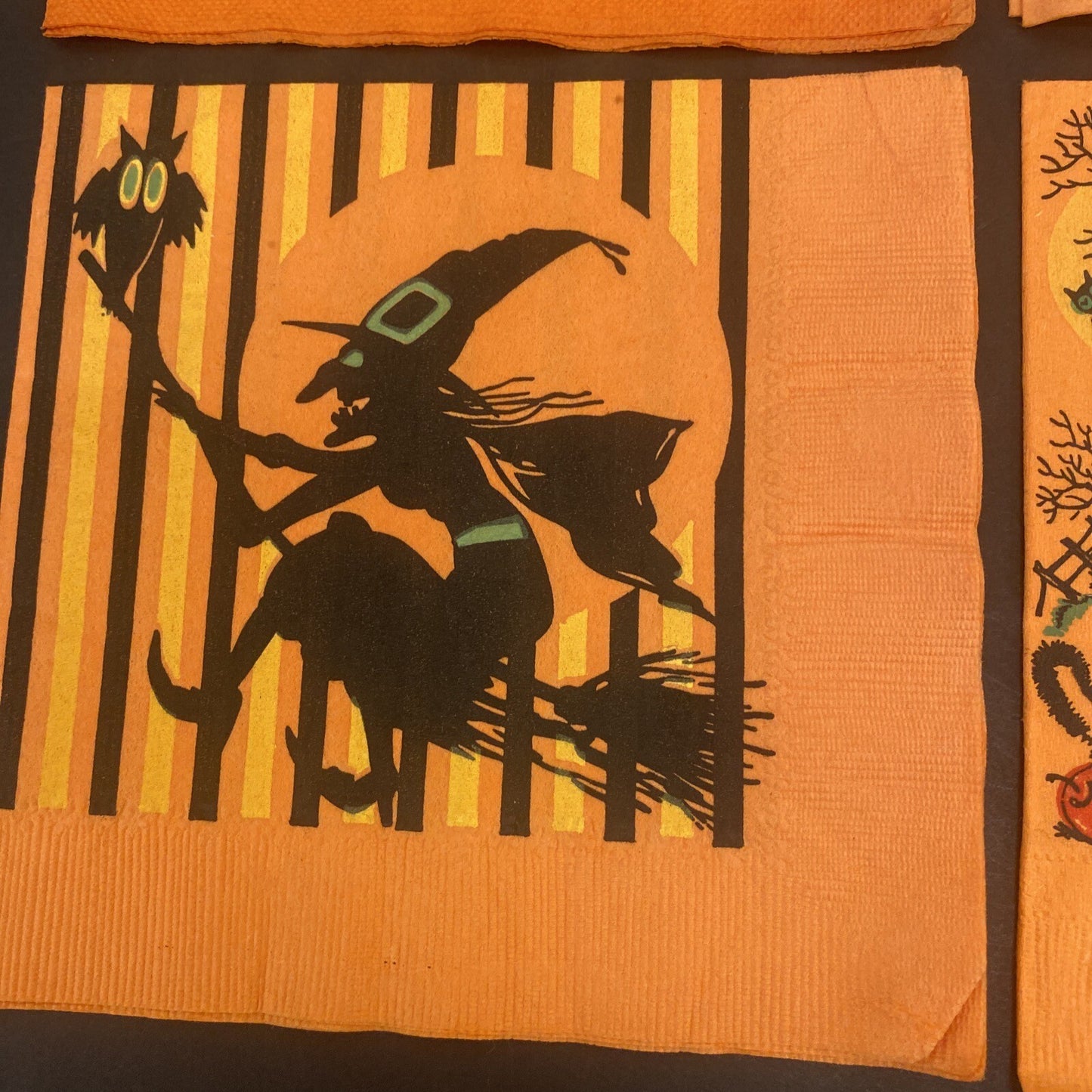 Vintage Orange HALLOWEEN PAPER NAPKIN Lot of 4 ALL WITCHES, Black cats, J.O.L