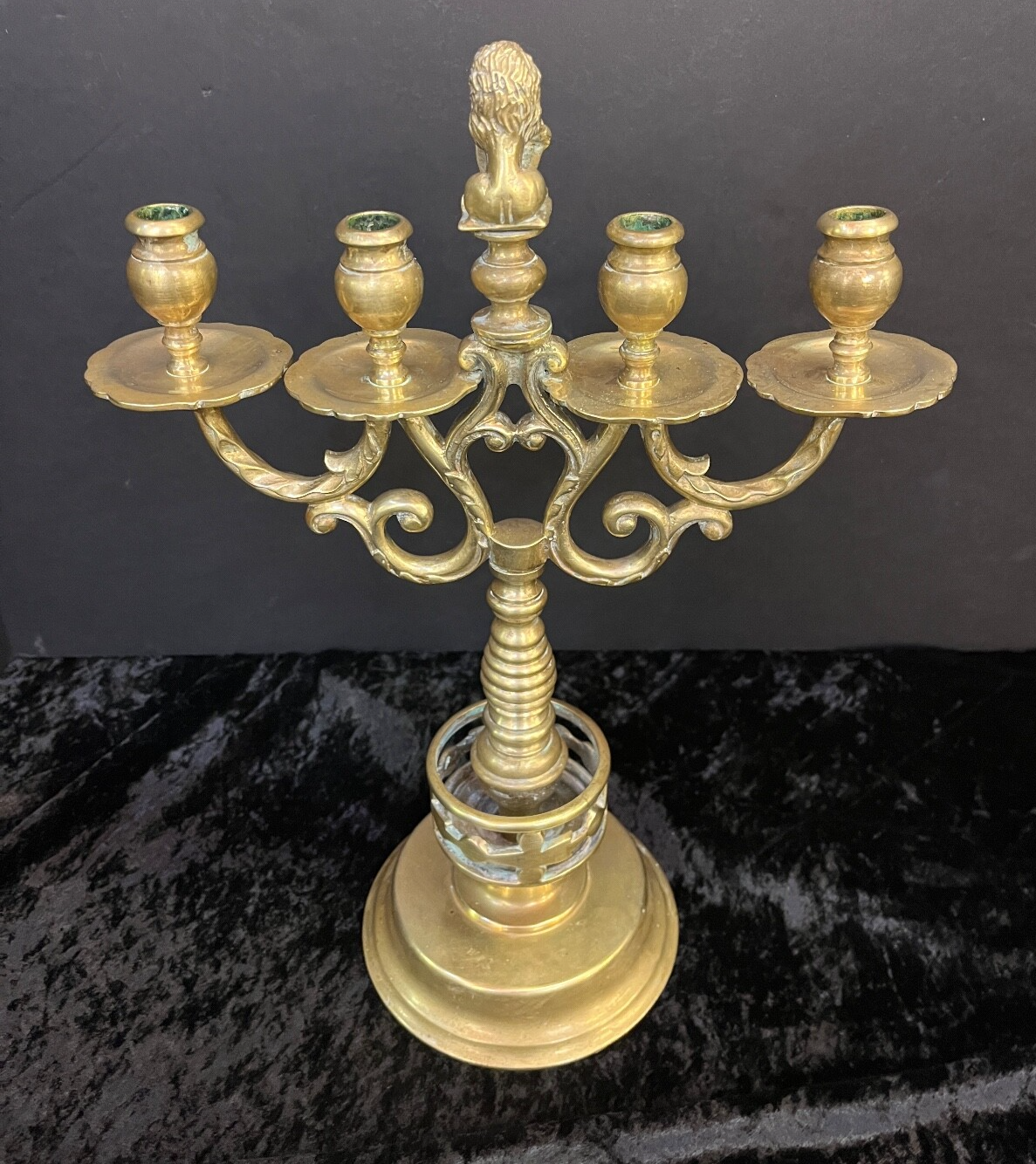 Vintage Brass Candelabra with Lion Holding Shield Amsterdam Netherlands Dutch