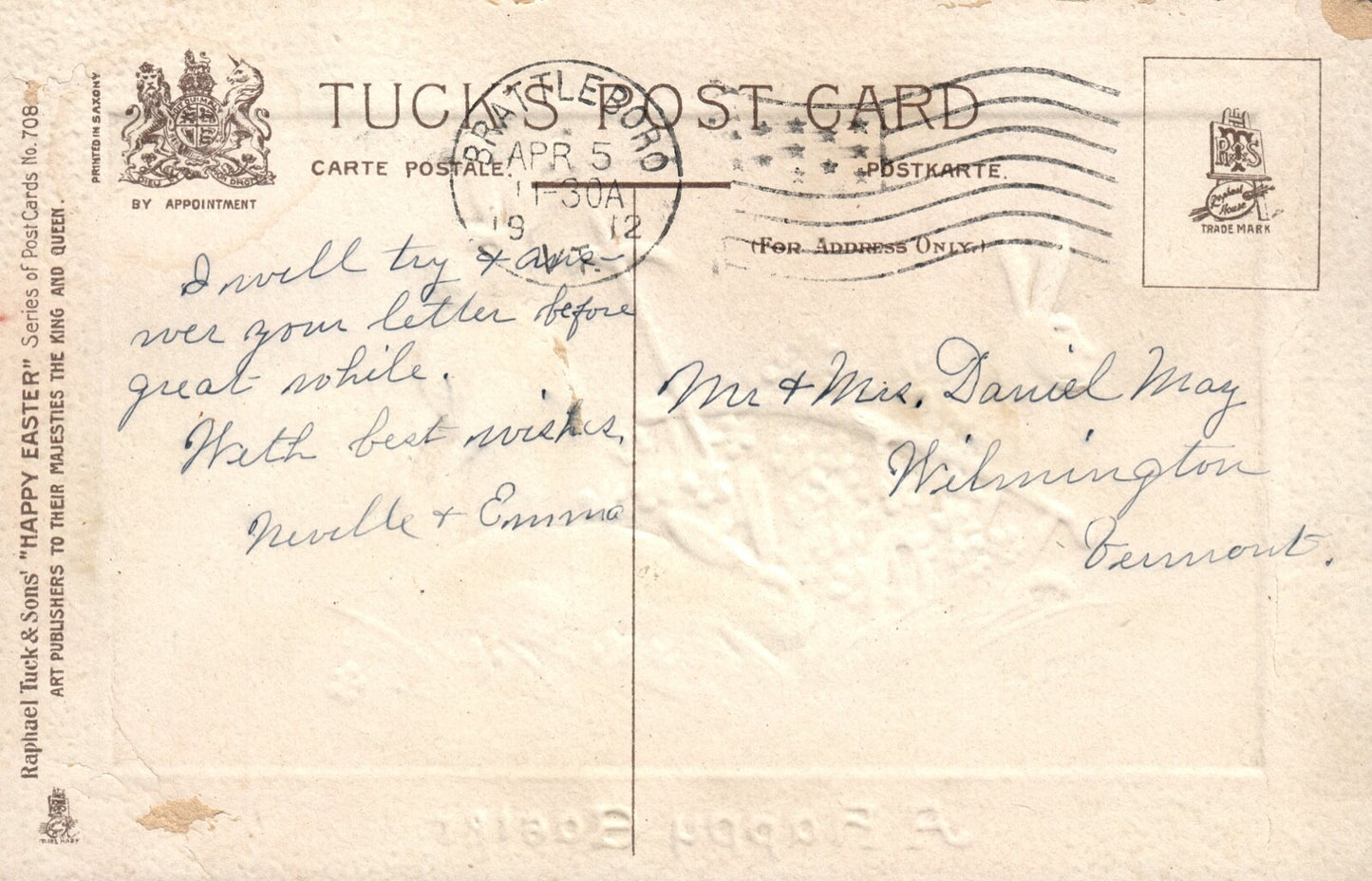 Tuck Series 708 Rabbits In Grass Blue Flowers In Wagon Easter Postcard