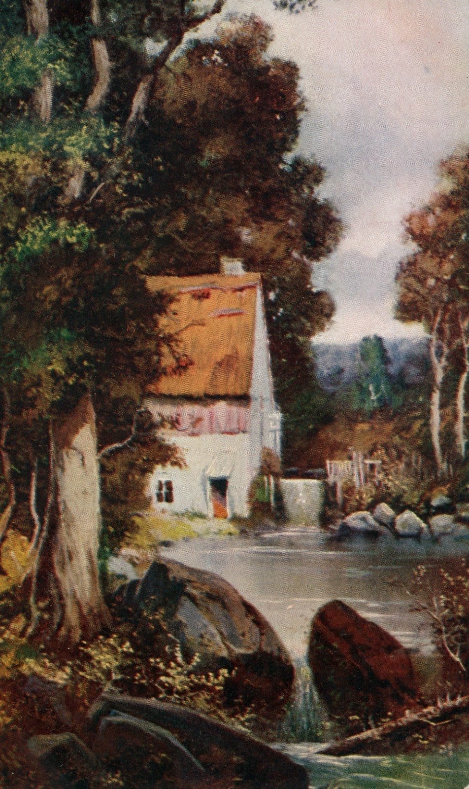 Scenic Vintage Postcard Trees Water Cottage Home