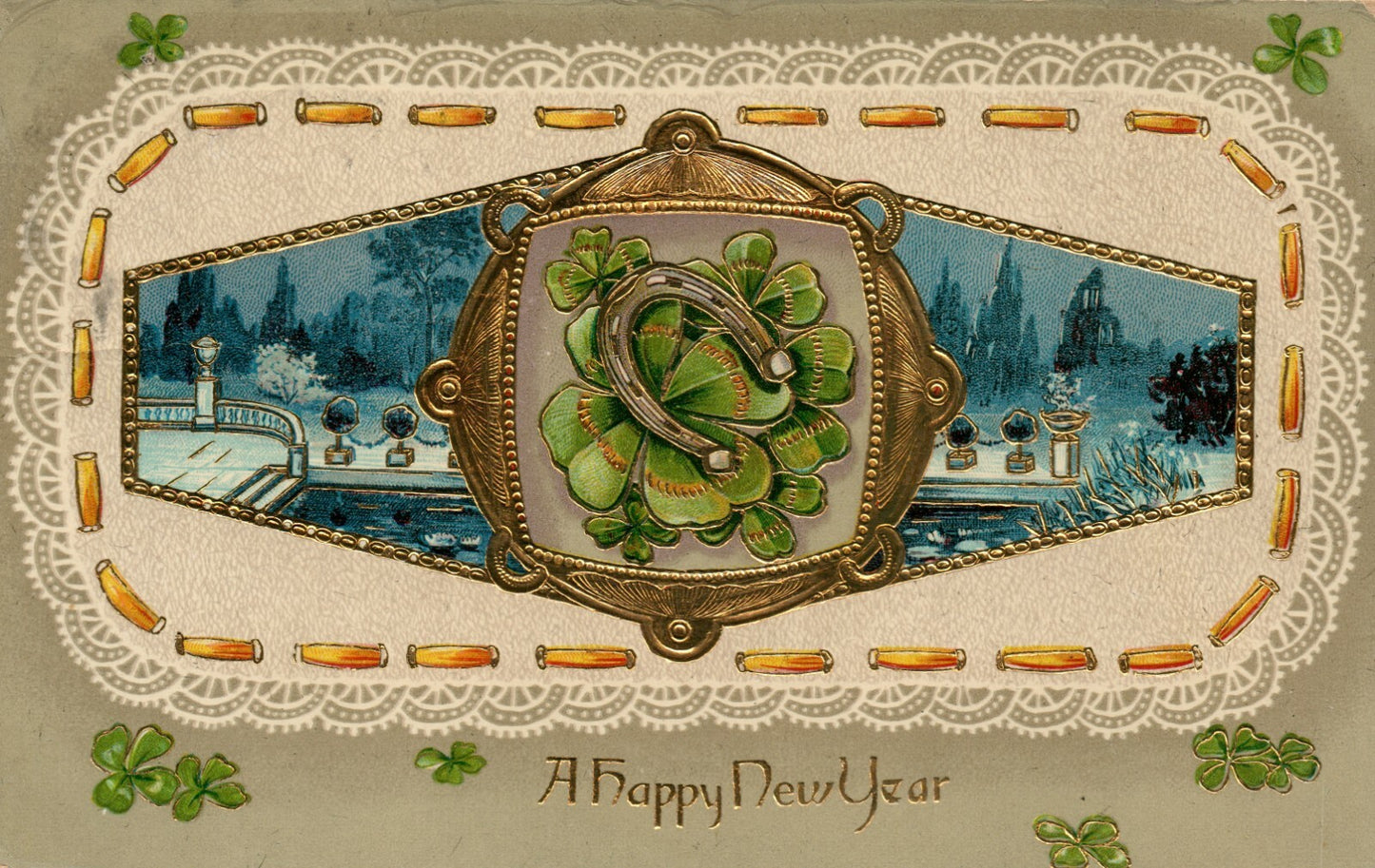1910 Gold Gilt Gel Good Luck Clover Horse Shoe Night Scene Happy New Year