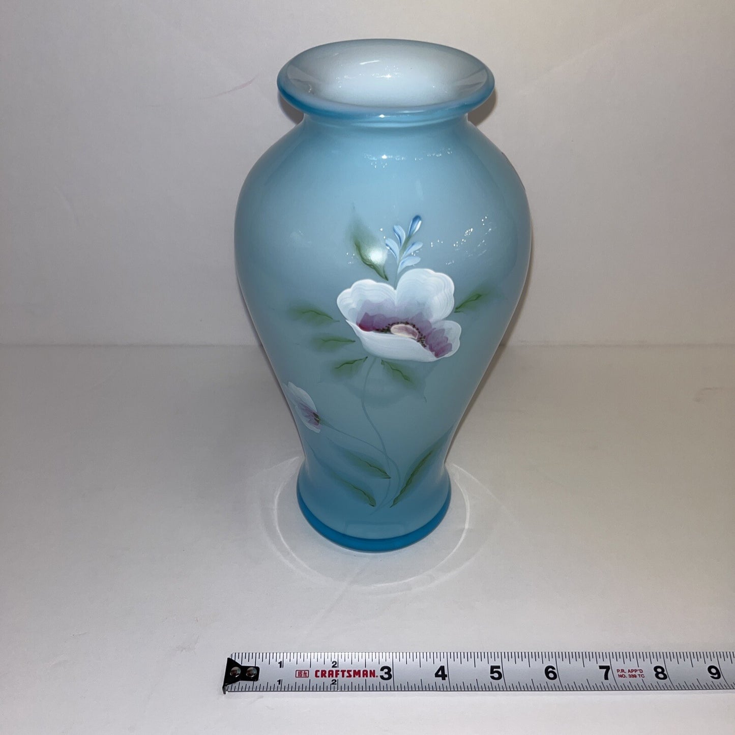 FENTON ART GLASS 2002 BLUE TOPAZ OVERLAY HAND PAINTED 9.5" VASE ~WILLIAMS