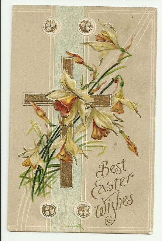 Yellow Lily Gold Cross Best Easter Wishes Postcard