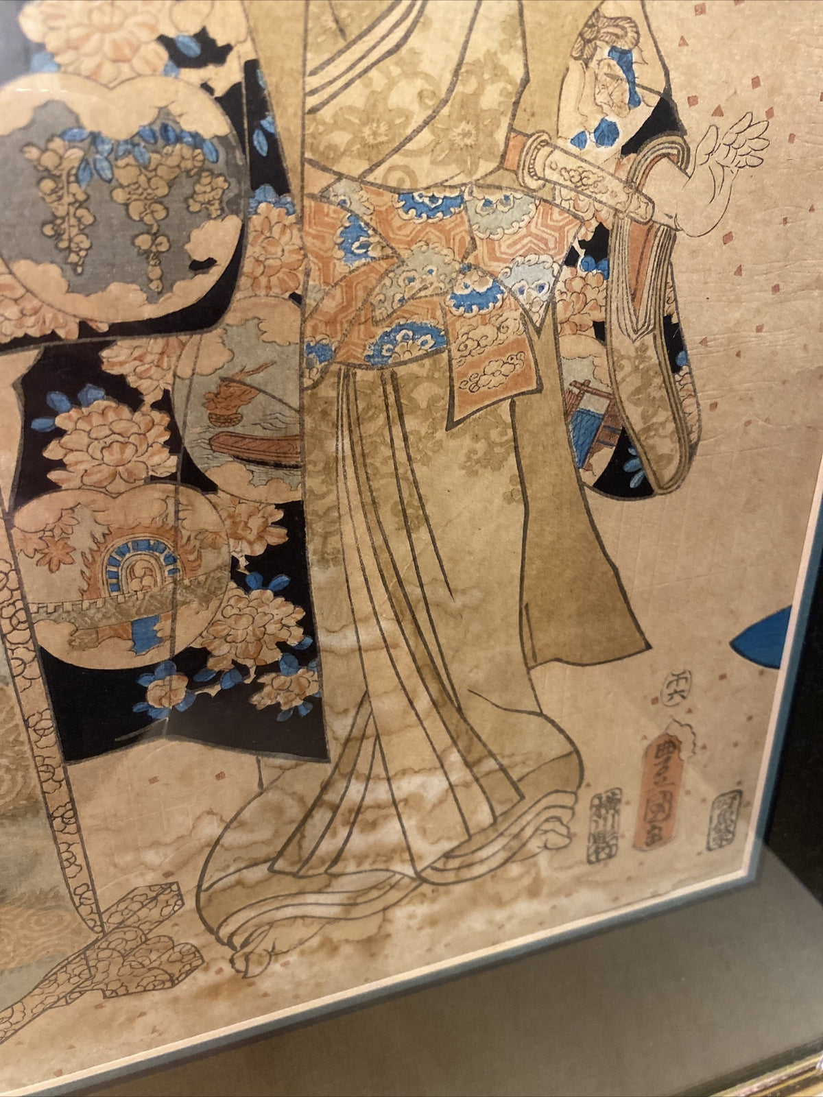 1920's 24" x 18.5"Chinese Gold Framed & Matted Water color print 1 of 2