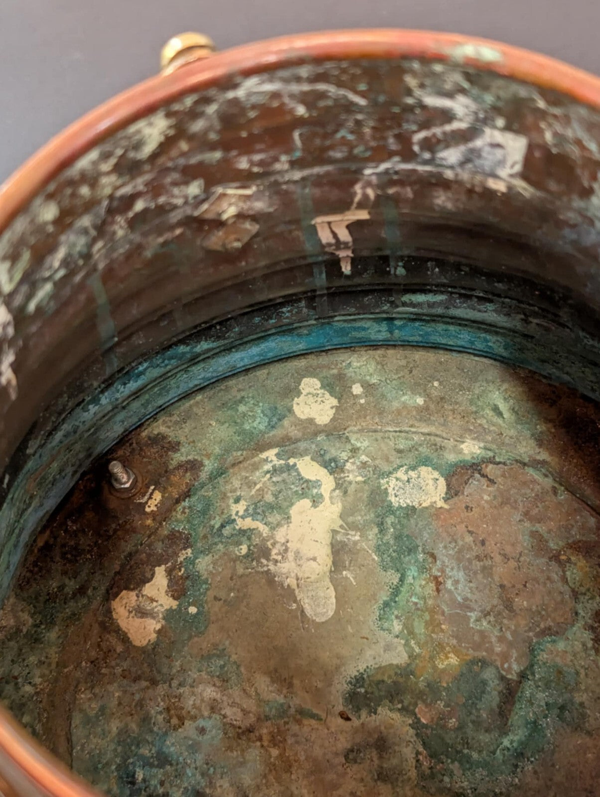 Vintage Copper And Brass Covered Ash Bucket With Porcelain Handle Antique