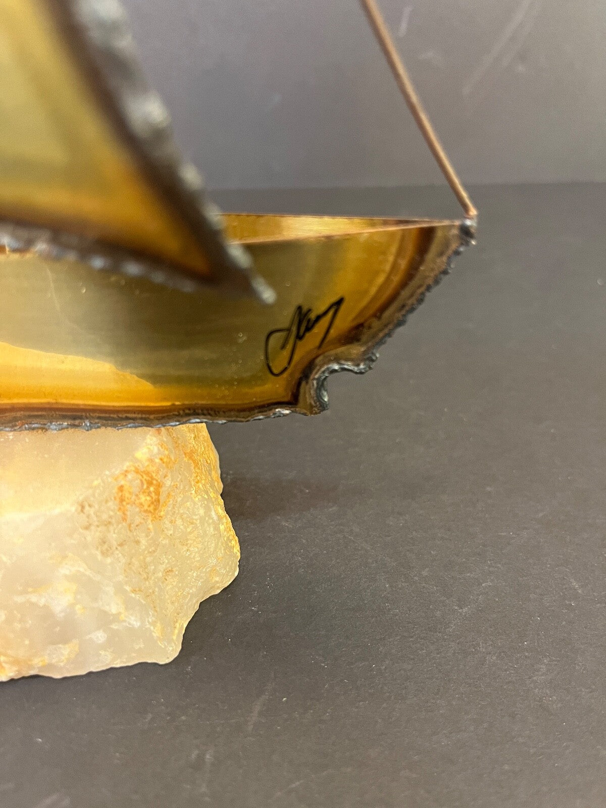 11.5" Signed Demott Mid-Century Modern Brass Sailboat Sculpture on Onyx Base