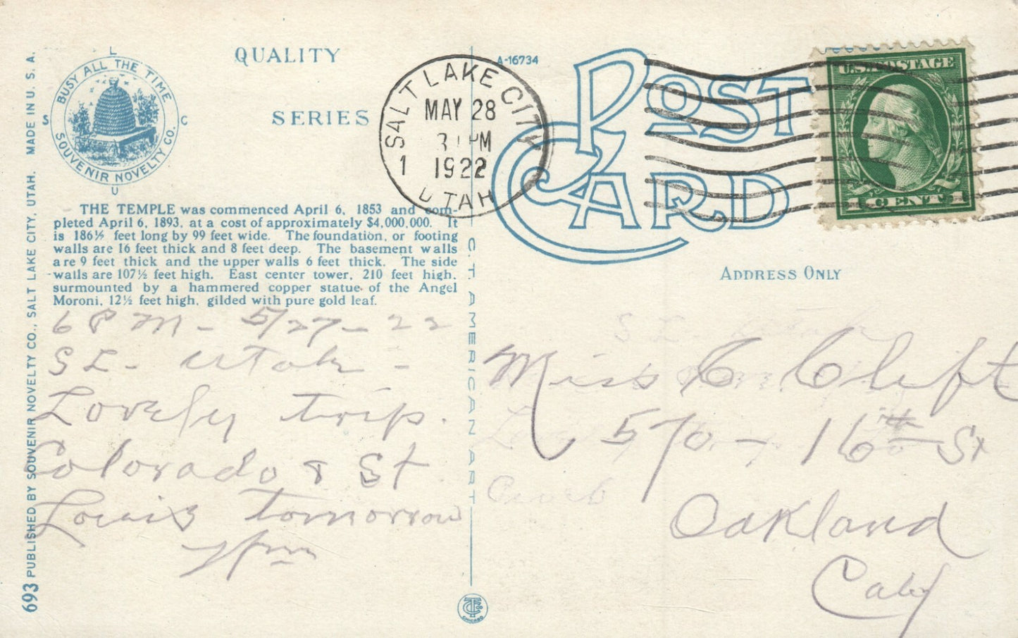 The Mormon Temple Salt Lake City UT Utah Postcard