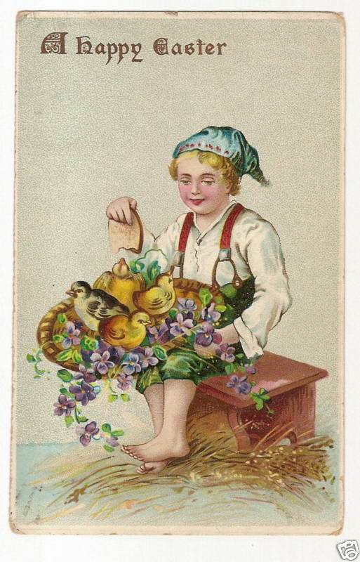 Child Chicks Violets Basket Easeter Postcard Series