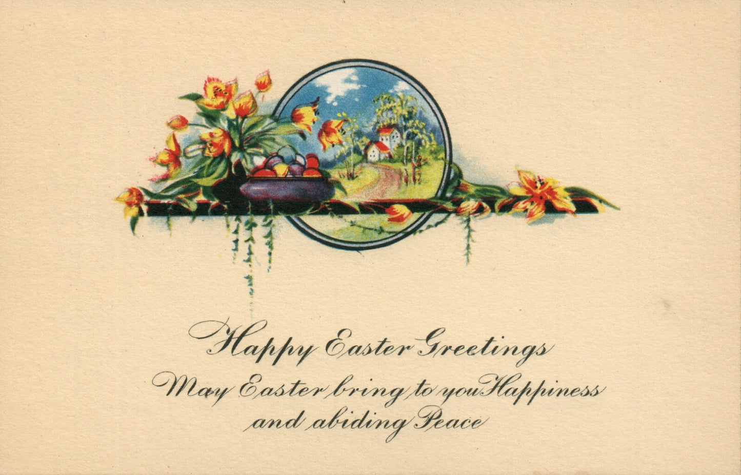 Yellow Background Path To Village Easter Eggs Easter Greetings Postcard