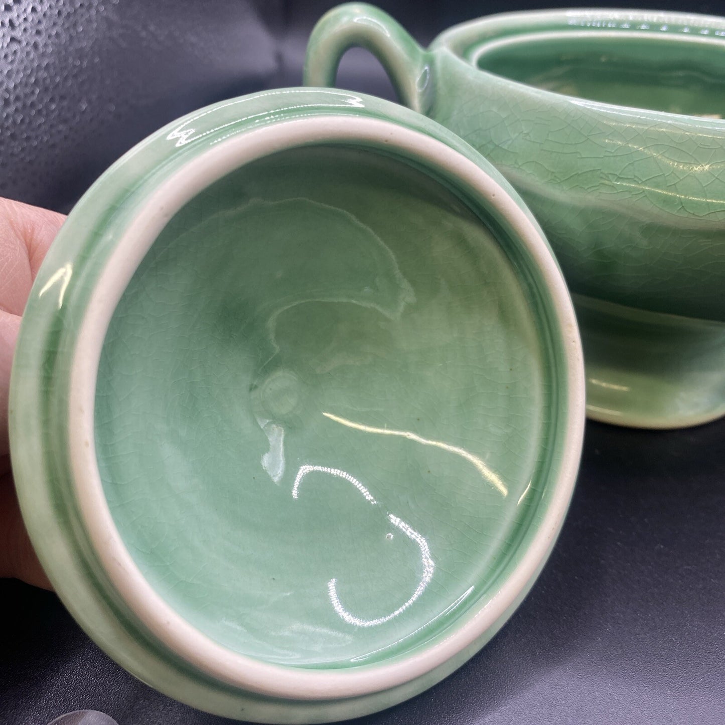 2 Handled Sugar Bowl with Lid Vintage 1930's Mount Clemens Petalware LIGHT Green