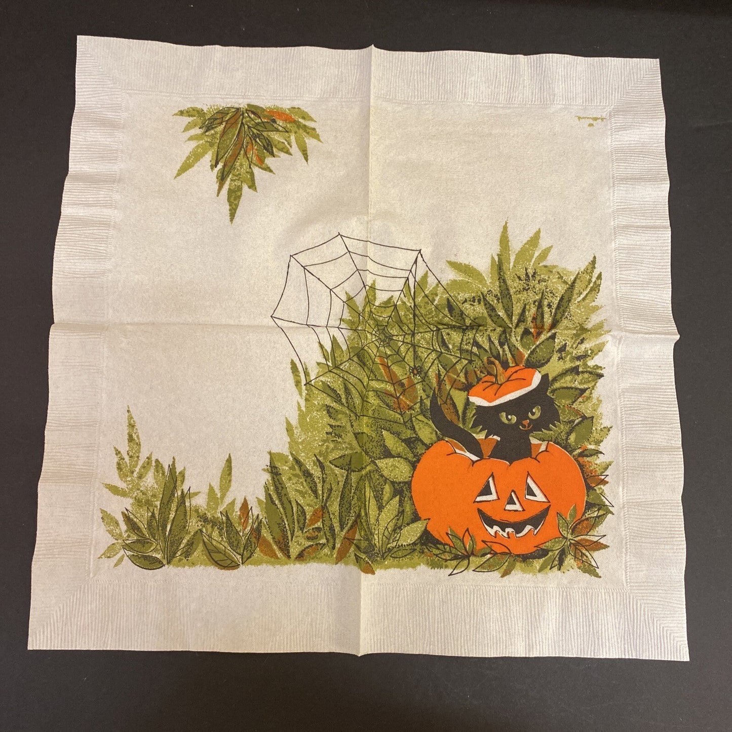 Vintage Orange HALLOWEEN PAPER NAPKIN Lot of 4 ALL WITCHES, Black cats, J.O.L
