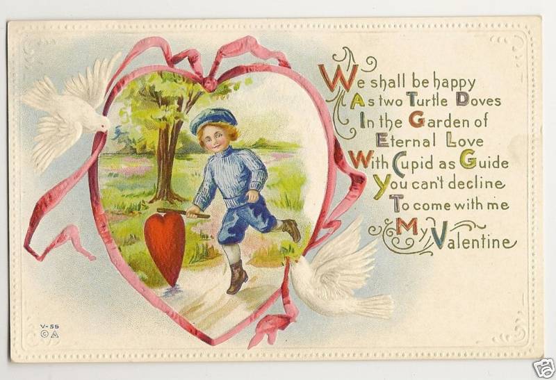 Nash Boy in Blue in Red Heart Ribbon Two Turtle Doves Valentine Postcard V-55
