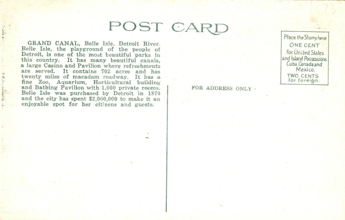 Bridge at Grand Canal Belle Isle Detroit MI Michigan Postcard