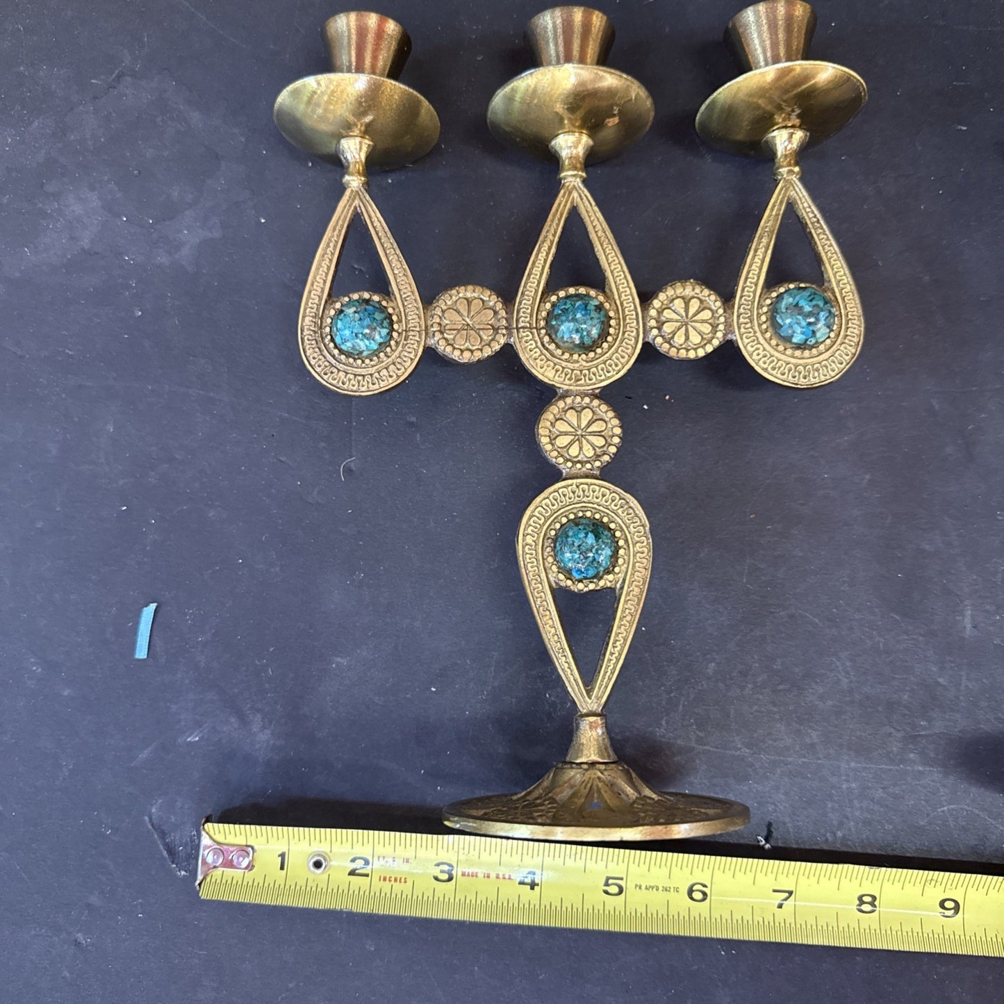 Vtg Israelian holyland brass candlesticks w/green Eliats