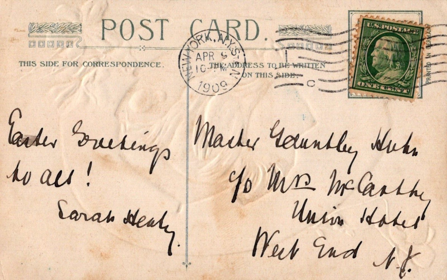 Easter Blue & Yellow Chicken Chick Purple Flowers Silver Egg Gold Gilt Postcard