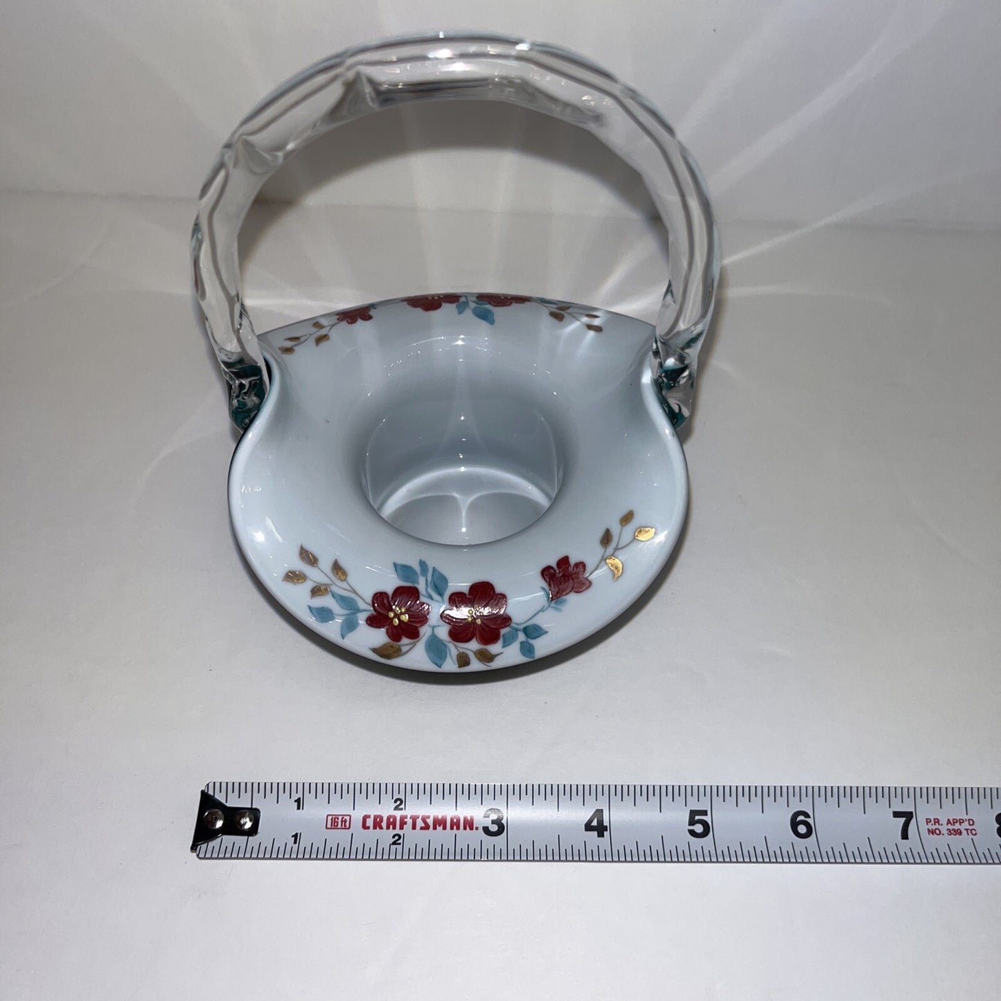 FENTON VINTAGE HAND PAINTED WILD ROSES ON TEAL OVERLAY TOP HAT BASKET LIM. ED.