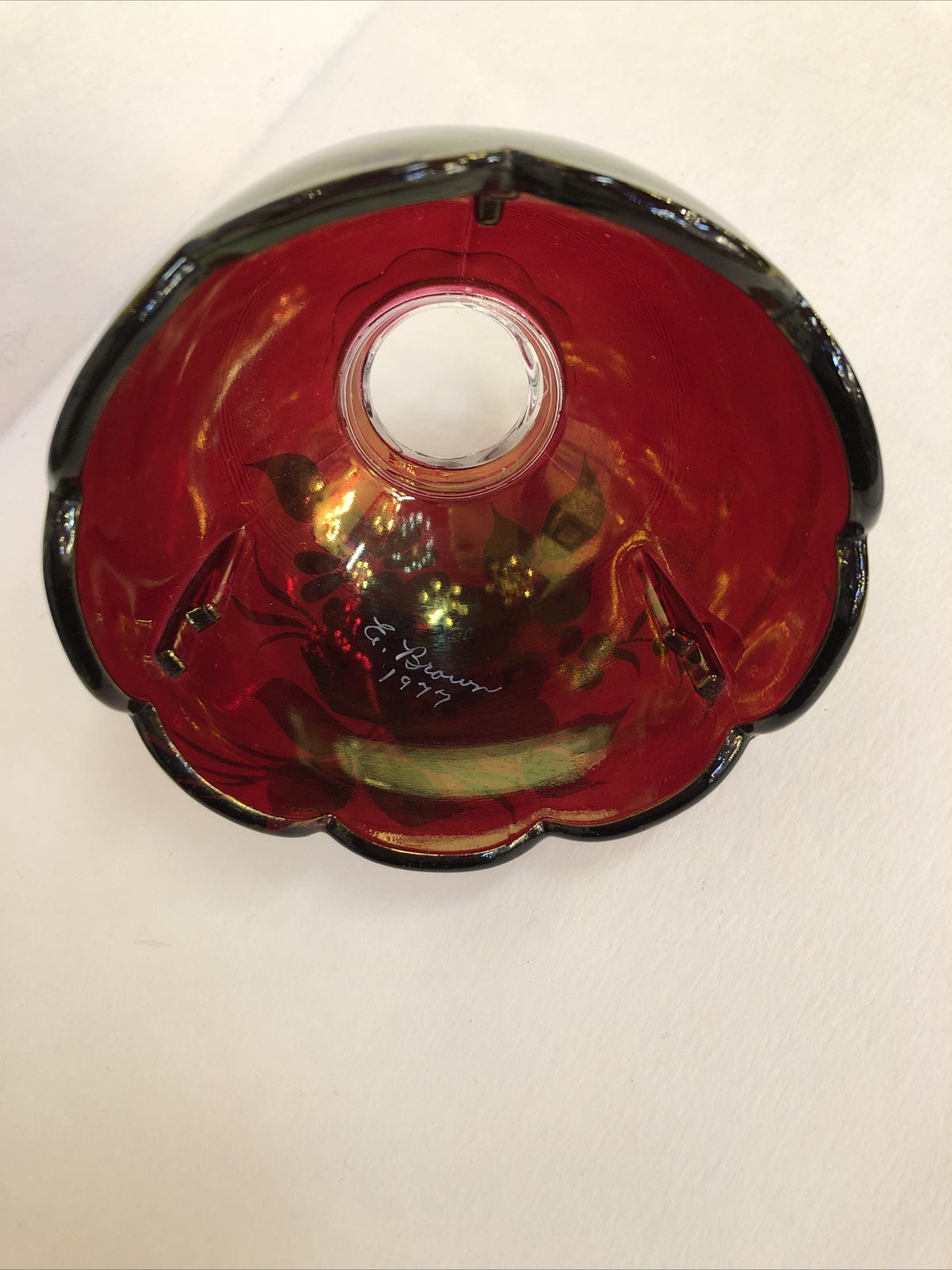 WESTMORELAND Red Glass Hand Painted Rose Lamp  Shade Artist Signed Vintage 1977