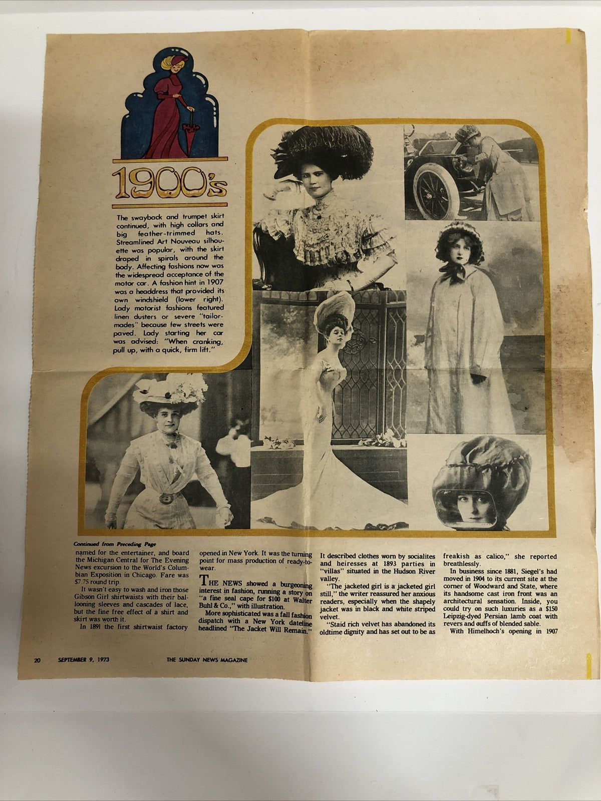 100 Years of Fashions Sunday News Magazine September 9, 1973 Article Newspaper