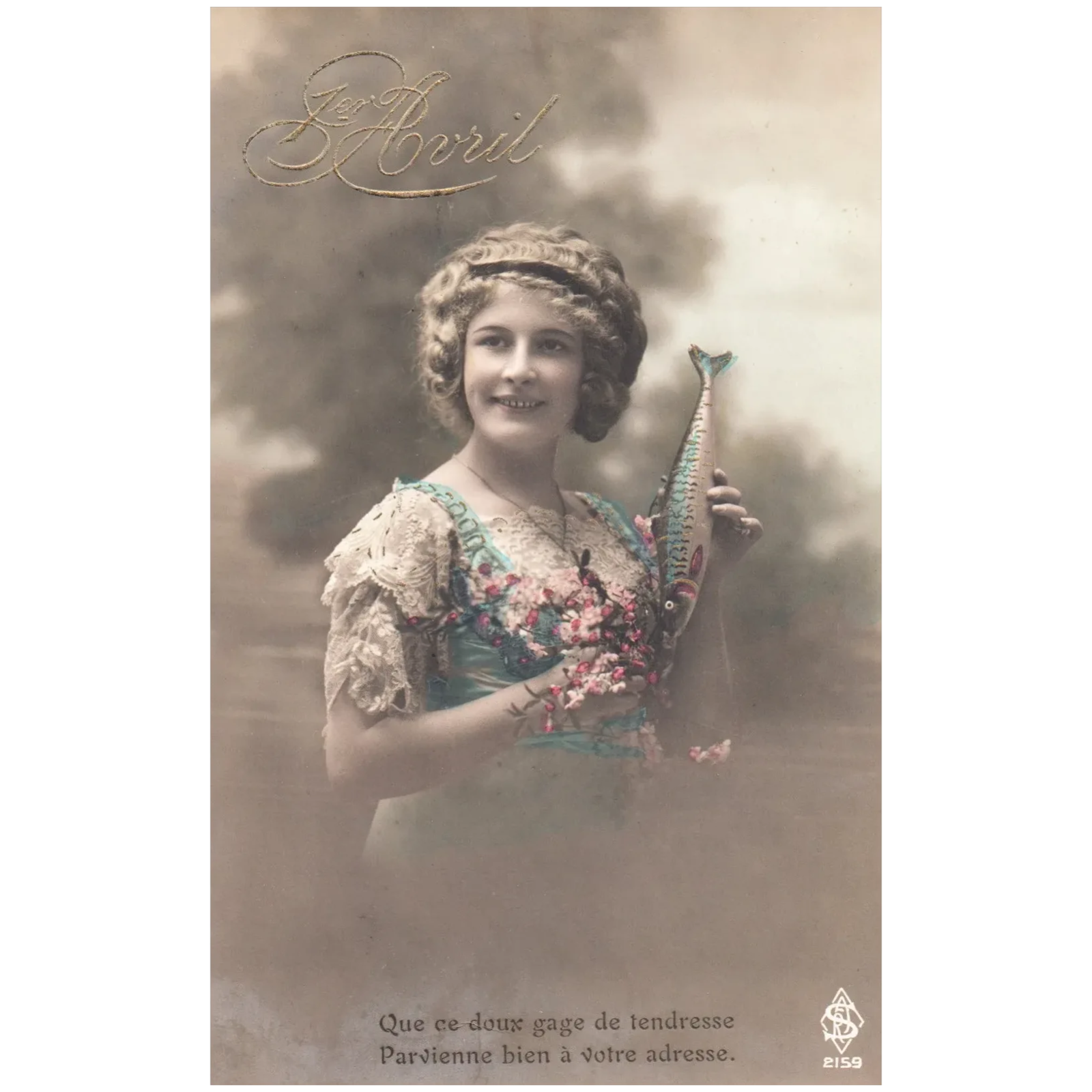 Woman Holding Fish & Flowers Vintage French April fools Postcard