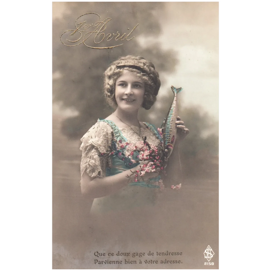 Woman Holding Fish & Flowers Vintage French April fools Postcard