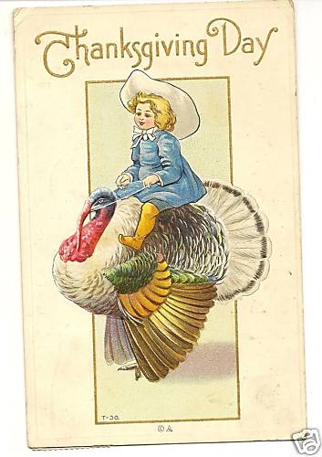 Girl in Blue Dress Rides Turkey Thanksgiving Children Postcard T-30