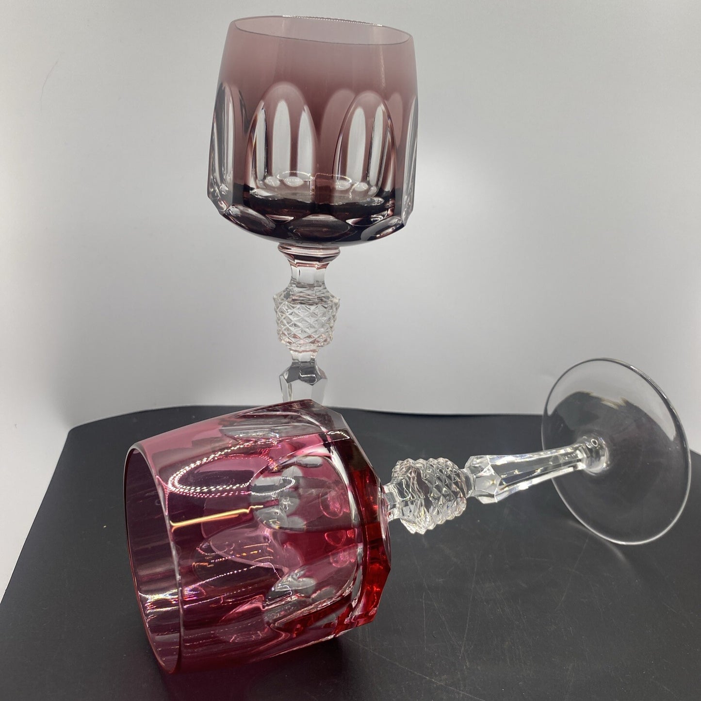 2 NACHTMANN ANTIKA Crystal 8" Cut To Clear WINE GOBLET Bohemian Pink Amethyst