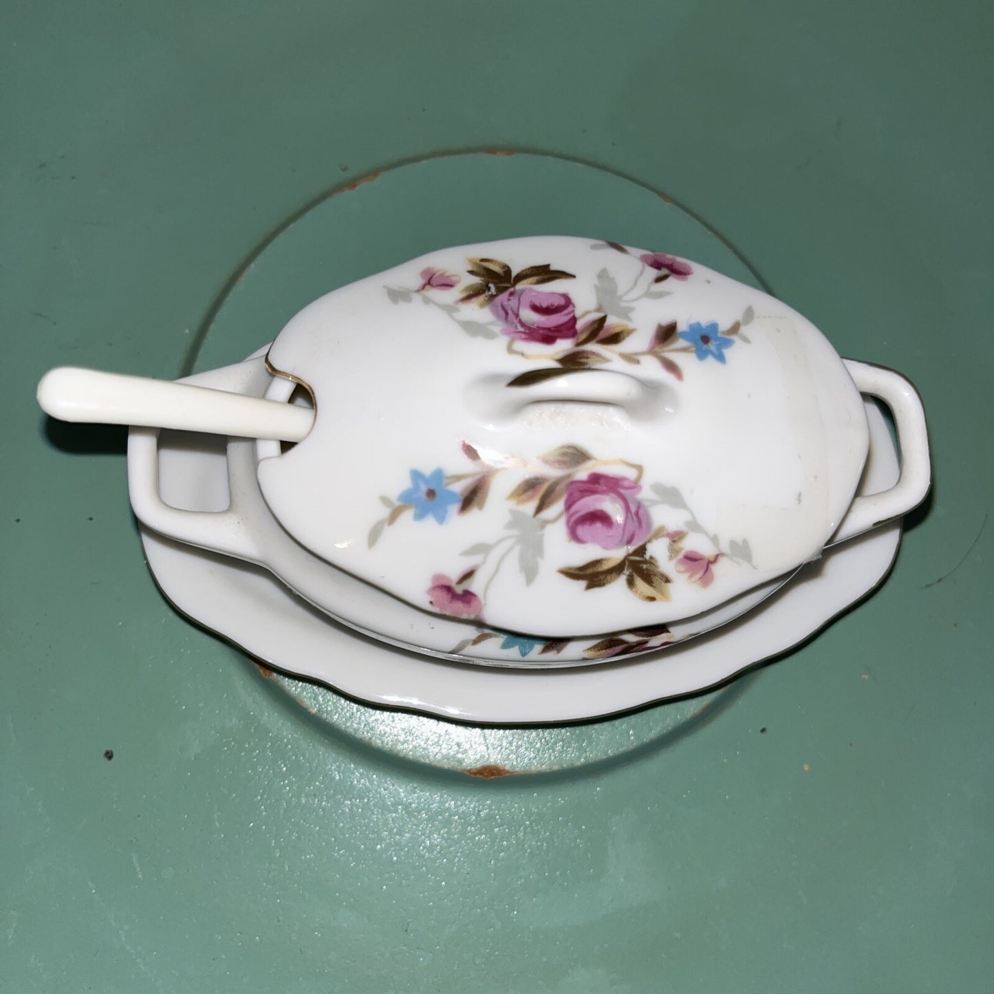 Vintage Royal Crown #1446N Condiment Mustard Sugar Tureen Blue Floral