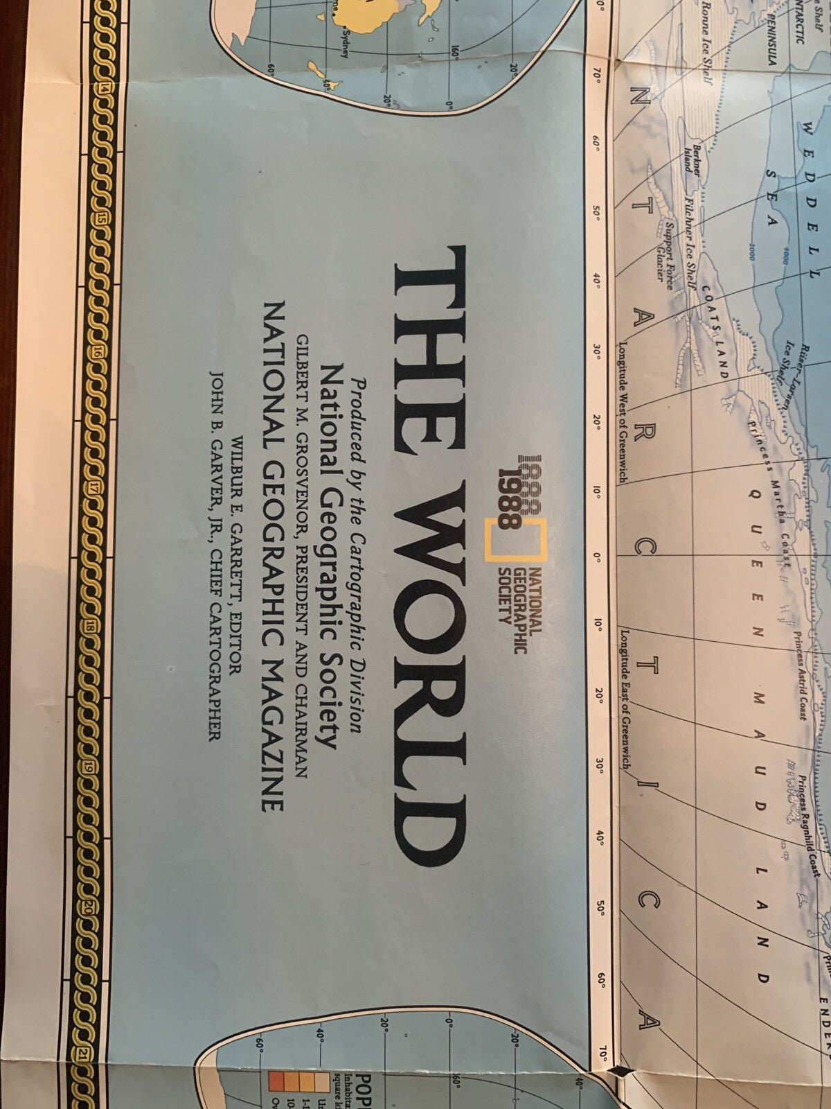 Vintage 1988 and 1994 National Geographic World Political/Physical Maps