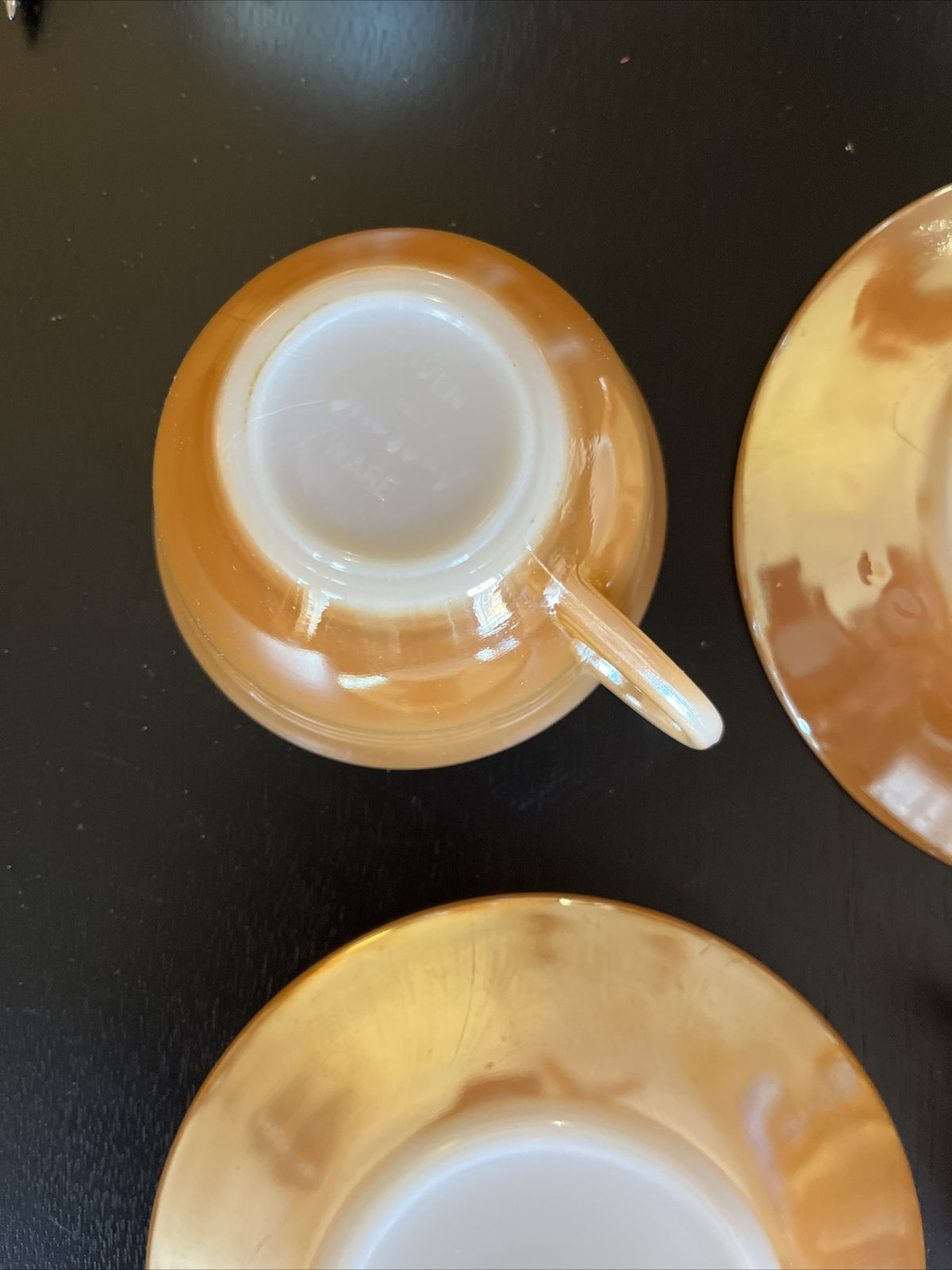 2 Vintage Fire King Oven Ware Peach Lustre Cup & Saucer USA 3 Sets Available