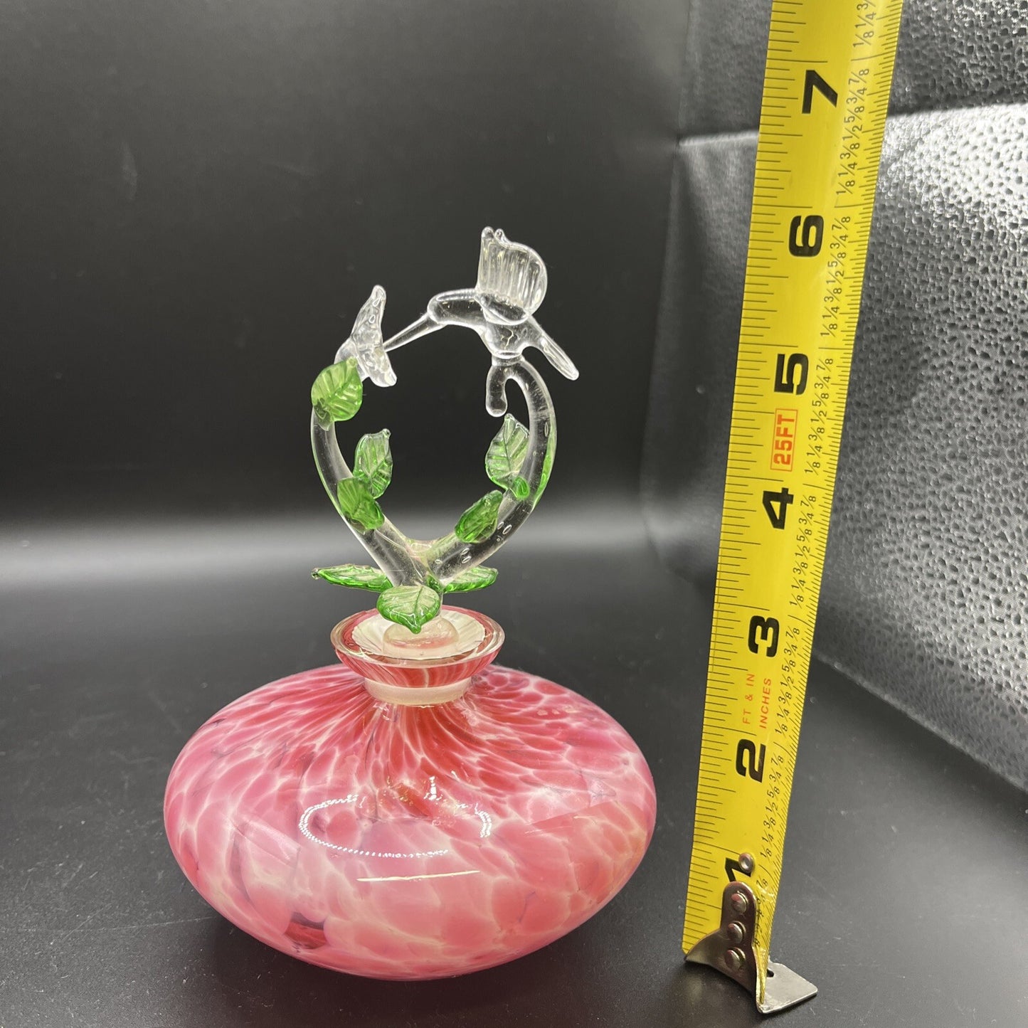 Vintage Murano Art Glass Perfume Bottle With Hummingbird Stopper Pink Green