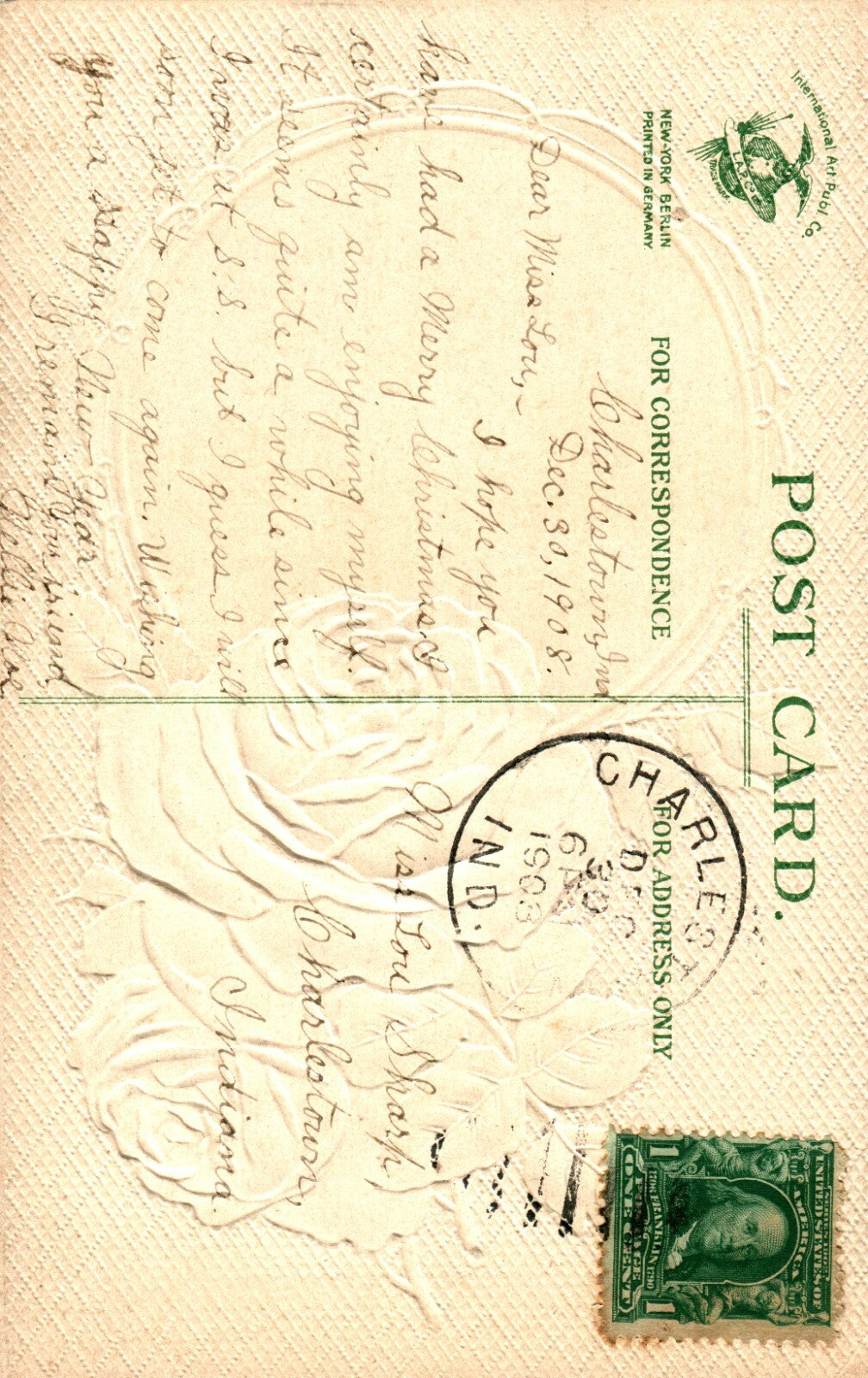 1908 Pink Roses Countryside Scene inset Silver Embossed Happy New Year Postcard