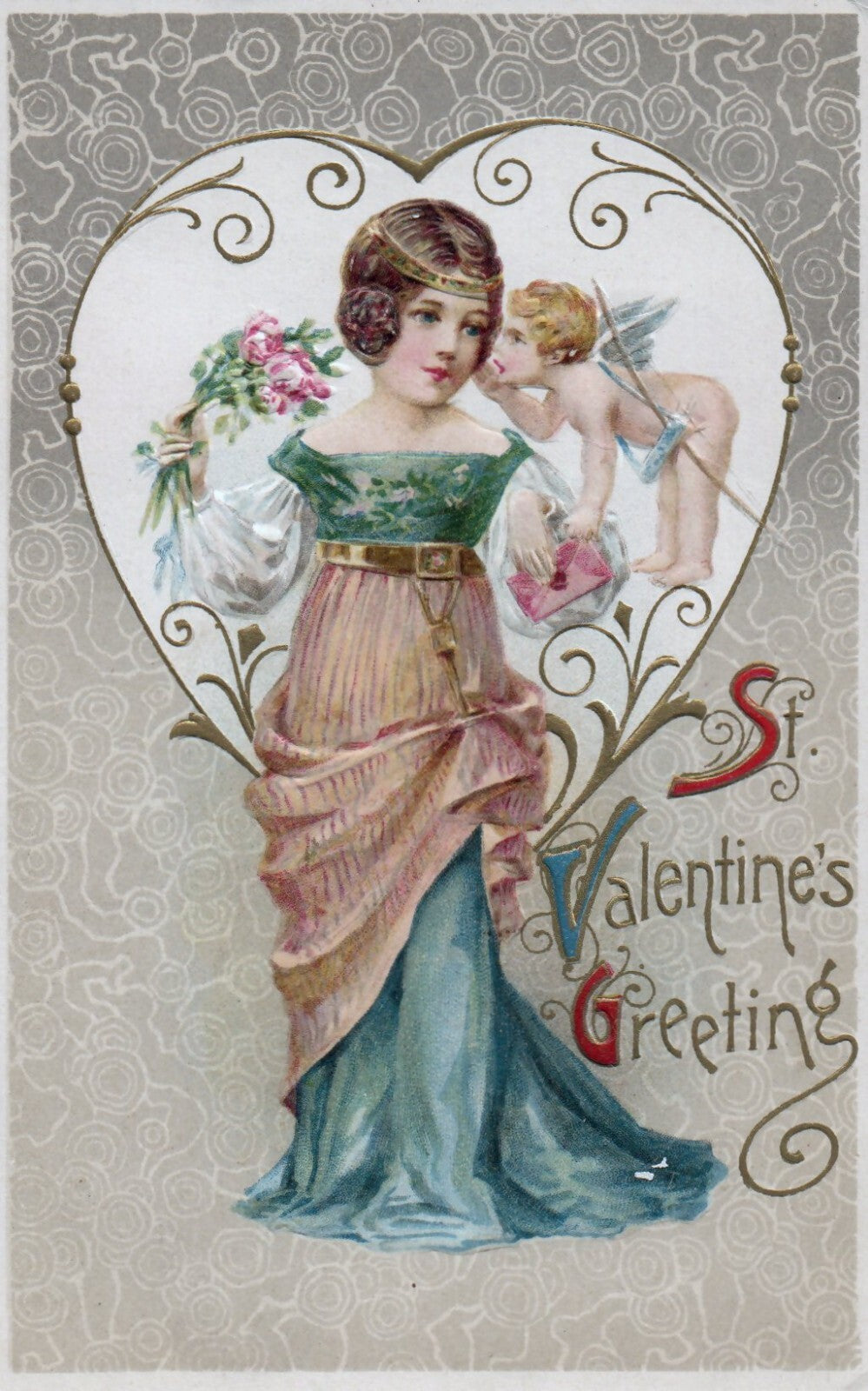 Woman with Cherub Whispering in her Ear St. Valentines Greeting Postcard