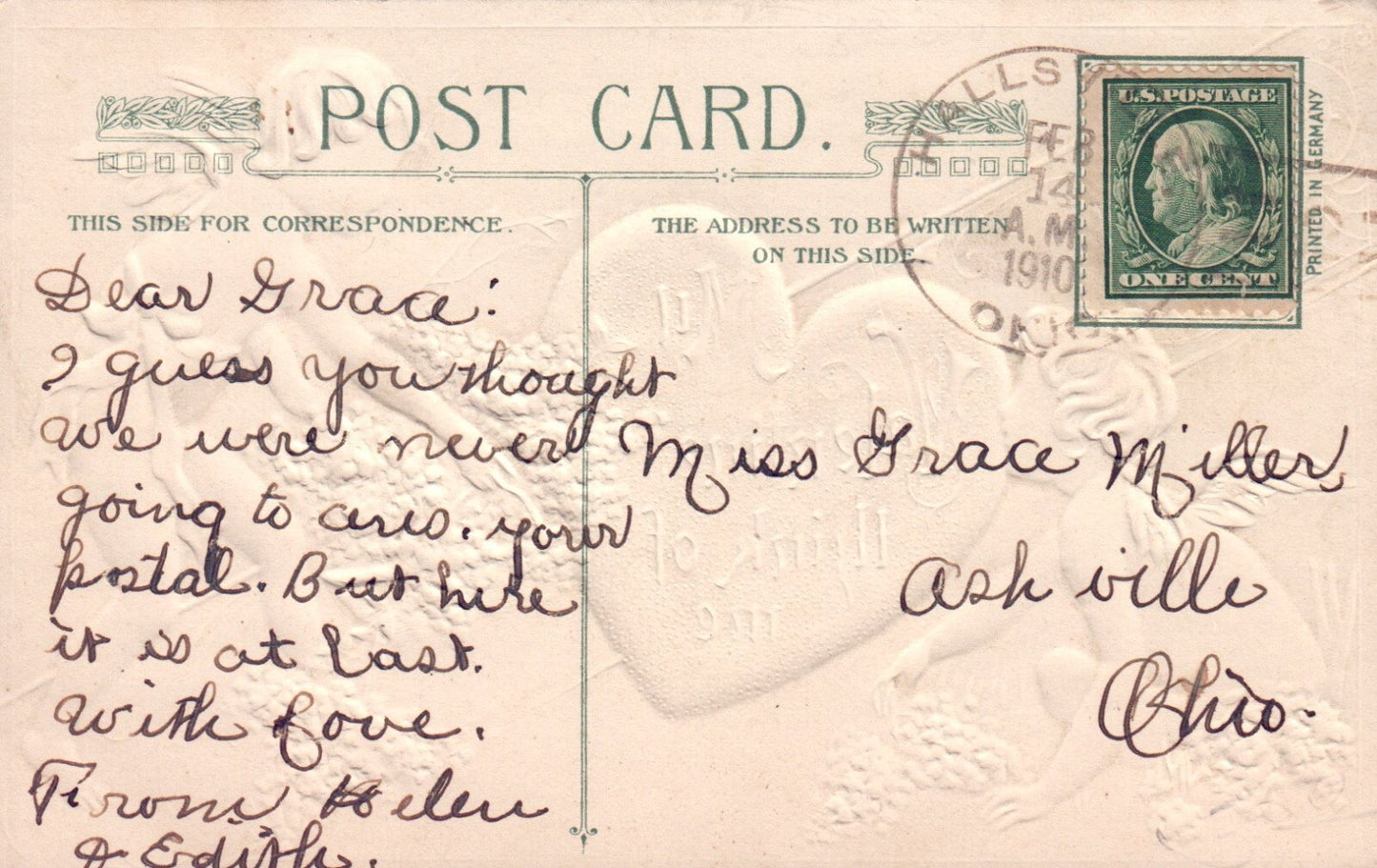 My Valentine Think of Me Cherubs Collecting Flowers Vintage Valentine Postcard