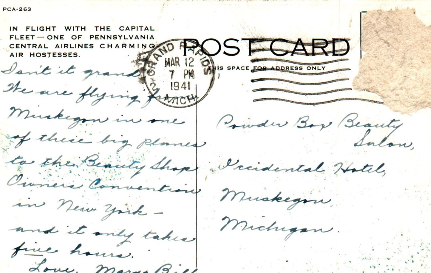 Pennsylvania Central Airlines Charming Air Hostess Pennsylvania Airport Postcard