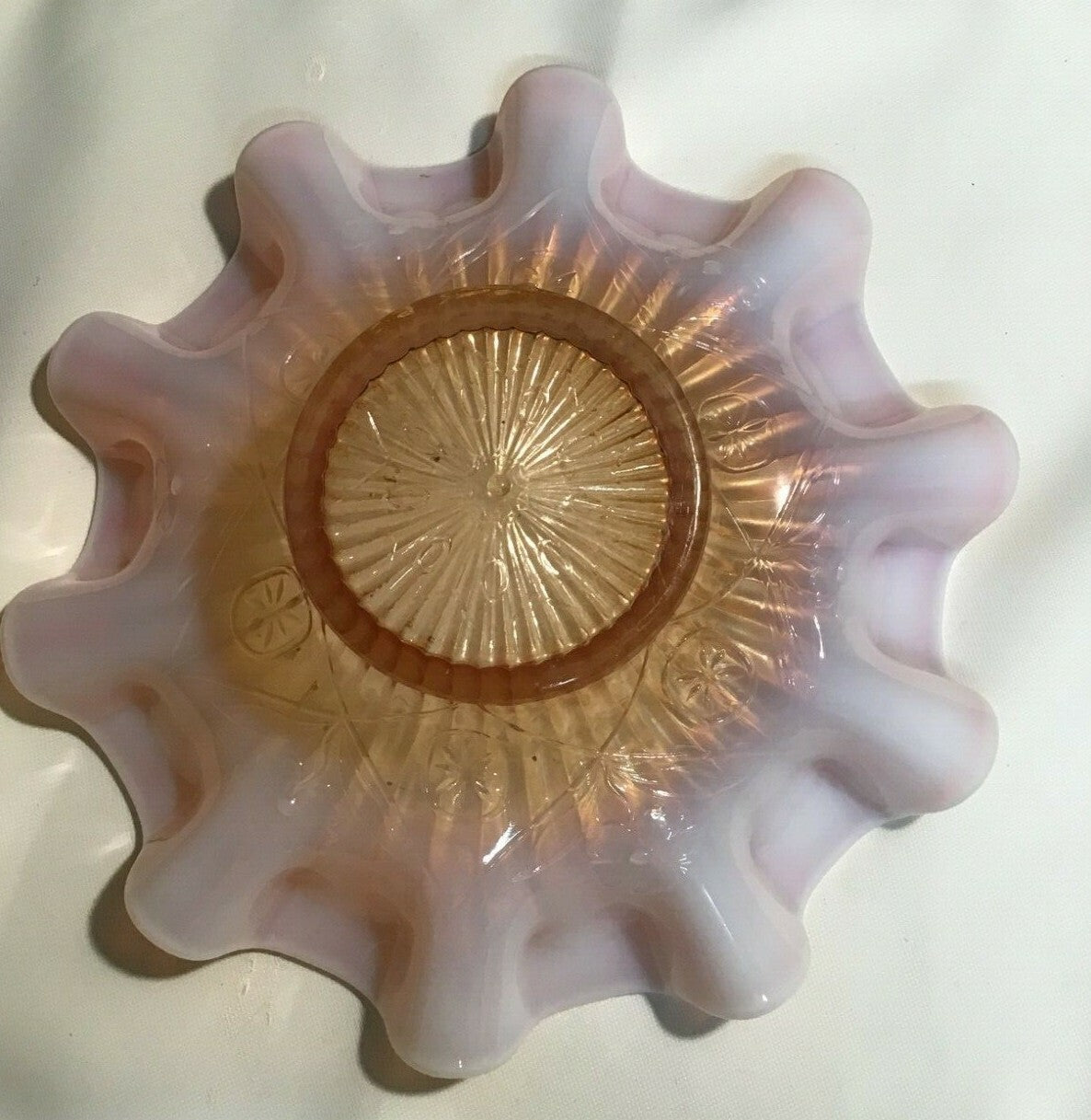 9" Marigold and Opal Ribbon Edge Floral Patterned Carnival Glass Bowl