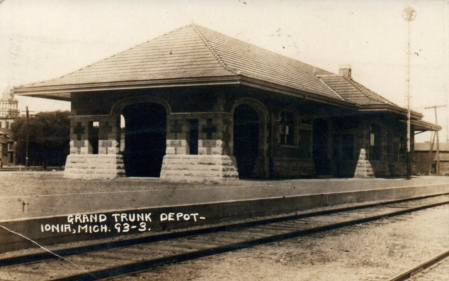 1910 Real Photo Grand Trunk Railroad Train Depot Ionia MI Michigan Postcard