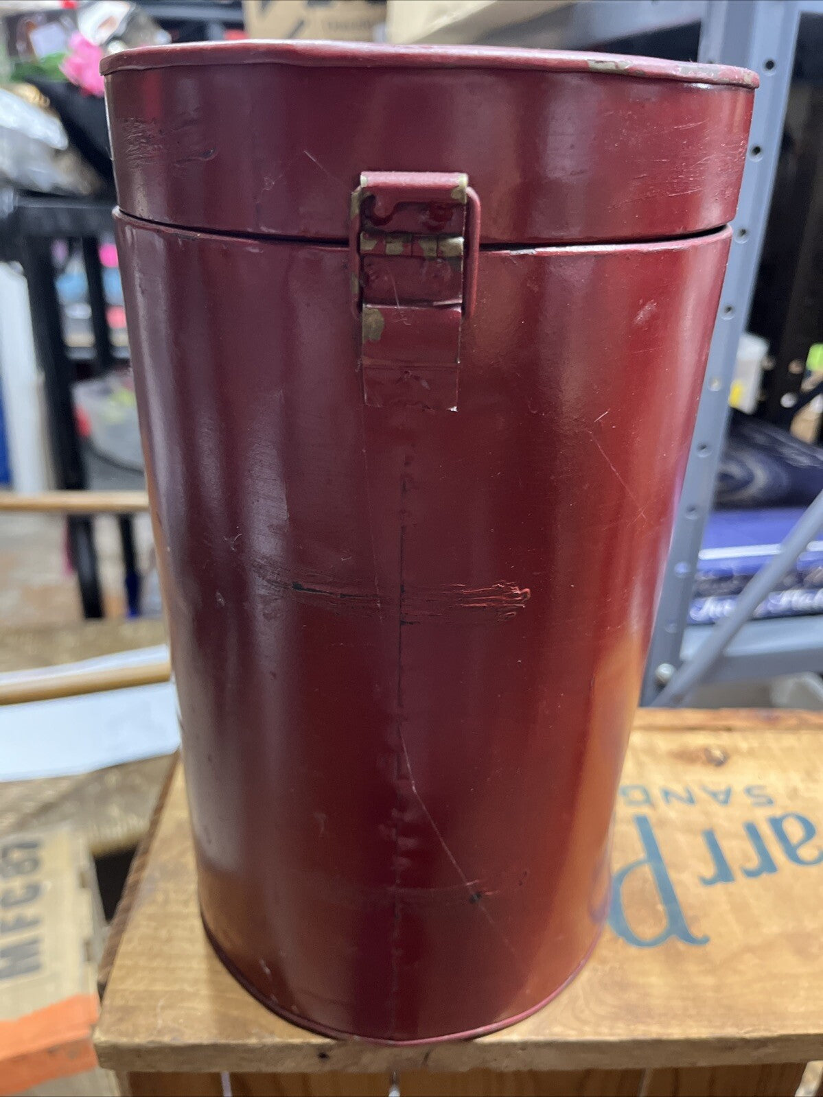 Conestoga Western Vegetables Red Metal Canister latch close 5.5x8.5" FREE SH
