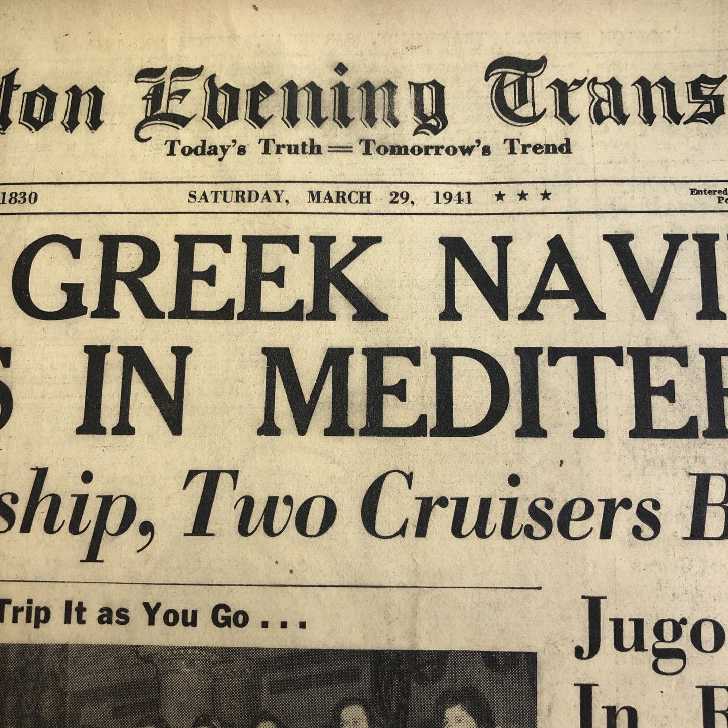 1941 MARCH 29 BOSTON EVENING TRANSCRIPT NEWSPAPER BRITISH GREEK NAVIES VS ITALY