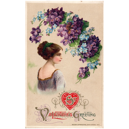 Winsch St. Valentine Greeting Woman In Dress with Purple Flowers Postcard