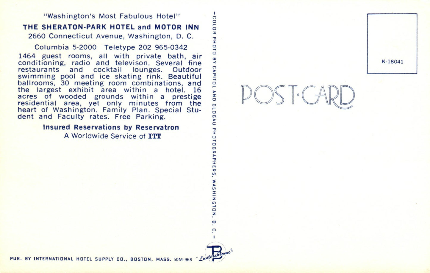 Sheraton Park Hotel Motor Inn Washington DC Postcard