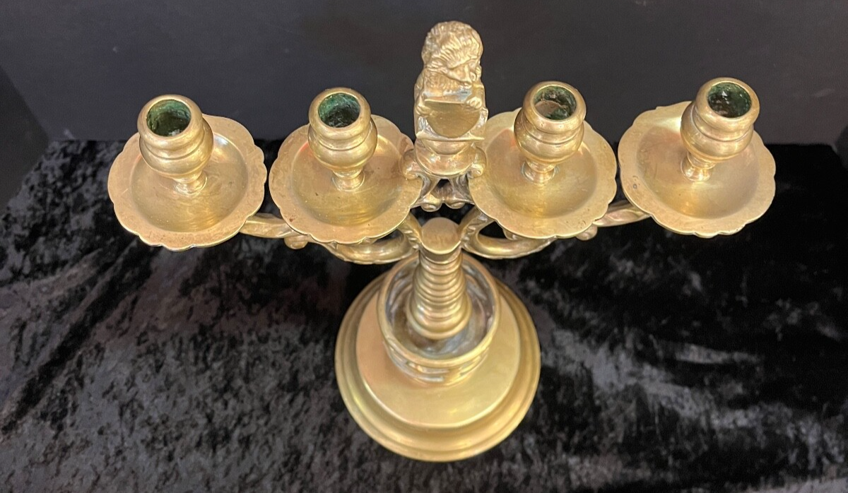 Vintage Brass Candelabra with Lion Holding Shield Amsterdam Netherlands Dutch