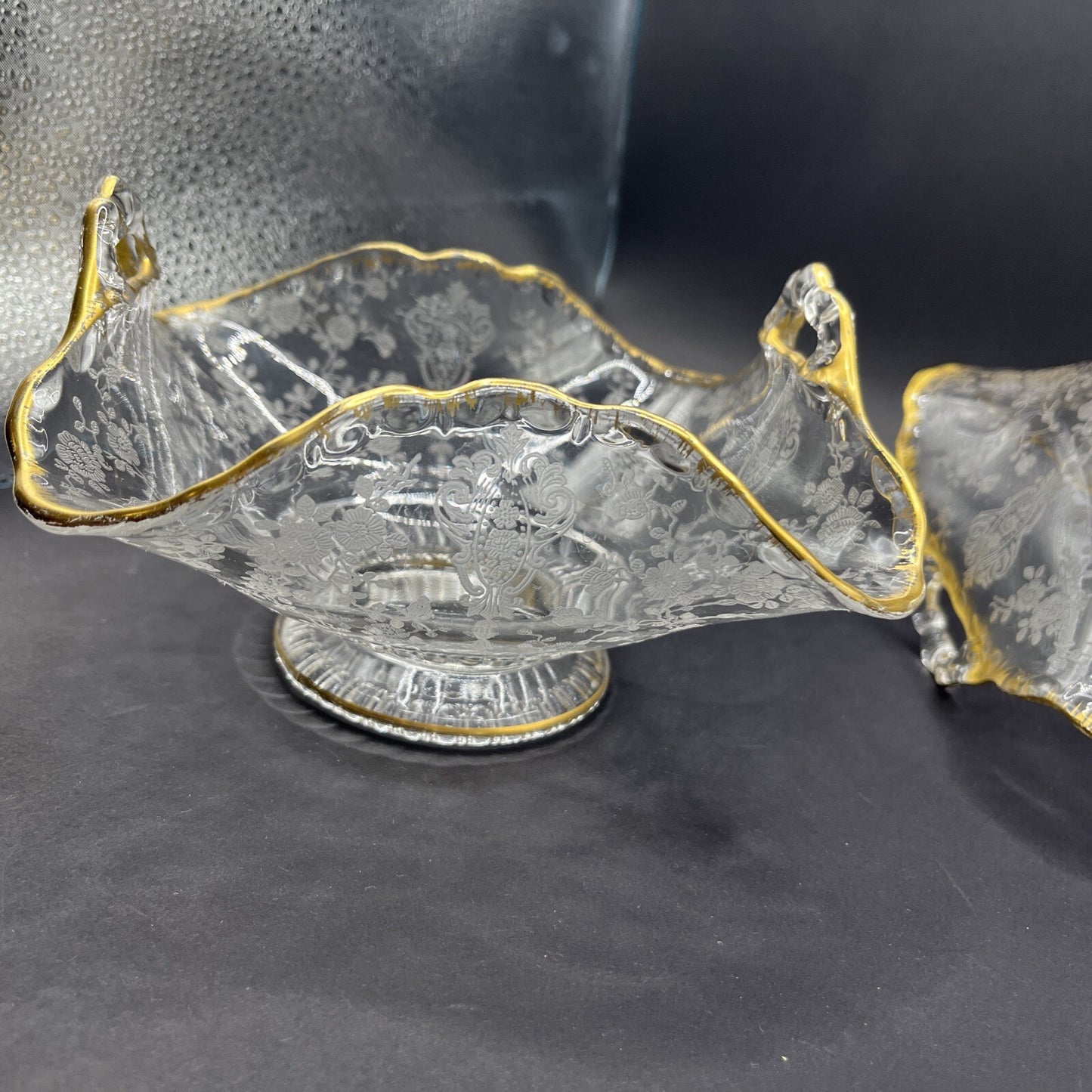 Vintage 2 Clear Glass & Gold Leaf Trim Etched Victoria Pattern Serving Bowl