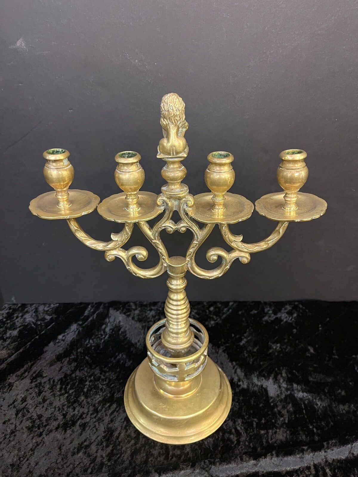Vintage Brass Candelabra with Lion Holding Shield