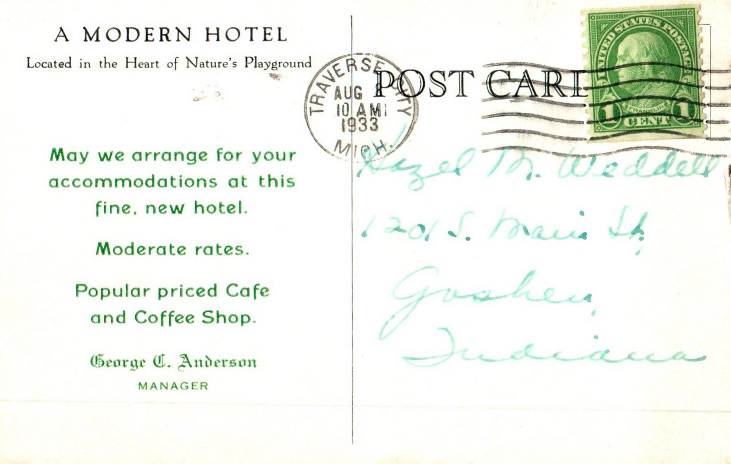 Park Place Hotel Modern, Fireproof, European Traverse City Michigan MI Postcard