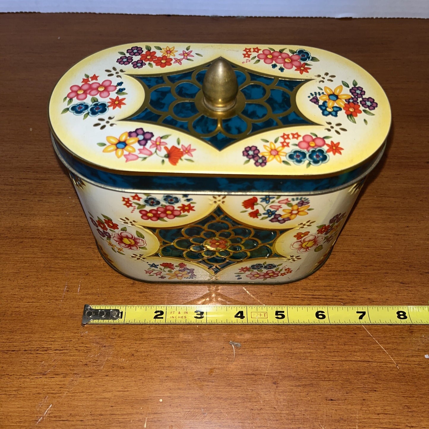 Vintage Oval Blue Green Yellow Metal Candy Tin Wild Flowers 5" High