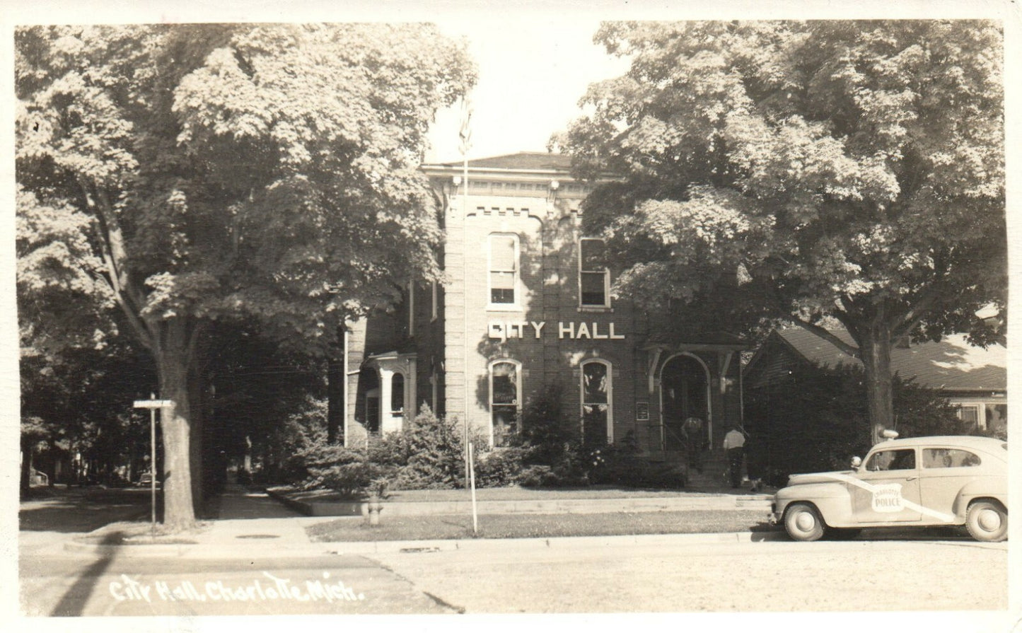 Real Photo City Hall Charlotte Old Police Car Michigan Mich MI Postcard