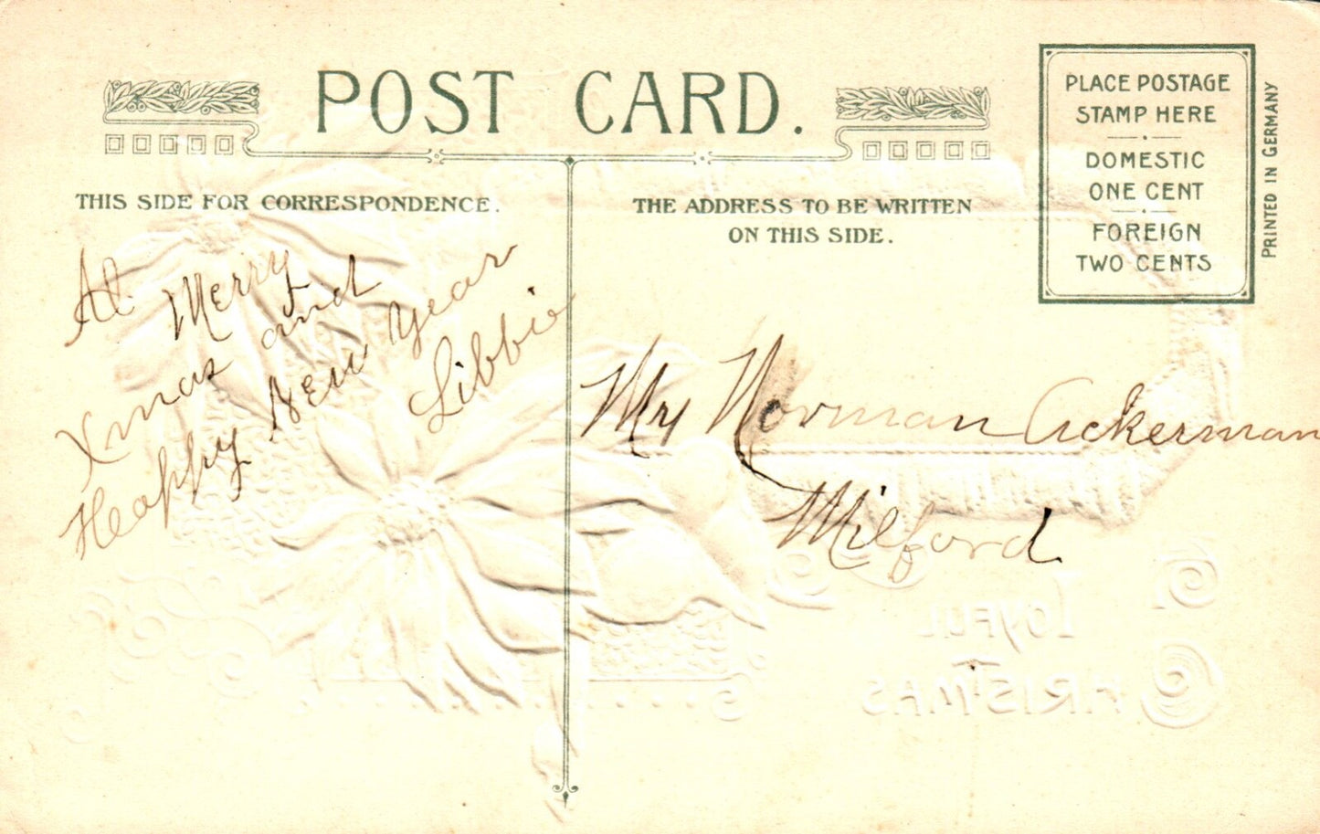 John Winsch A Joyful Christmas Winter Pond Scene Vintage Poinsettia Postcard