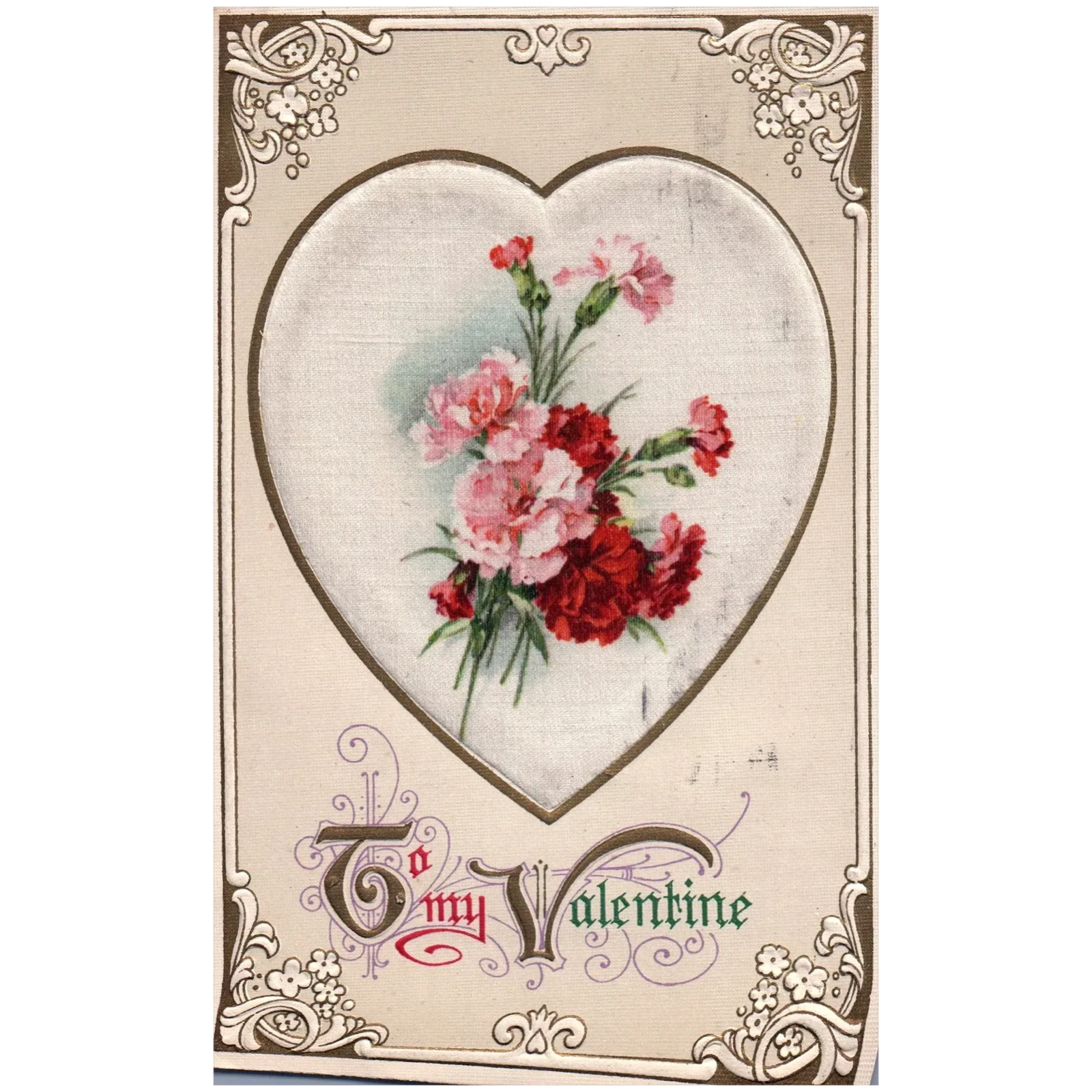Winsch To My Valentine Silk Heart with Flowers in it Vintage Valentine Postcard